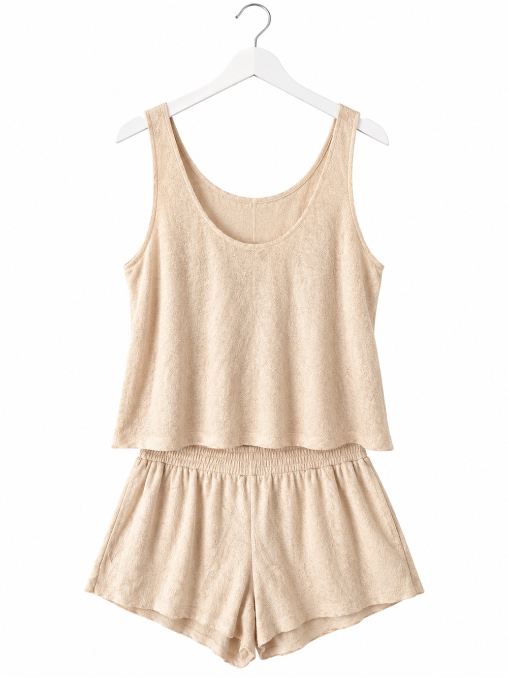 OYSHO Champagne Plush Terry Tank Top Shorts 2 Piece Lounge Set